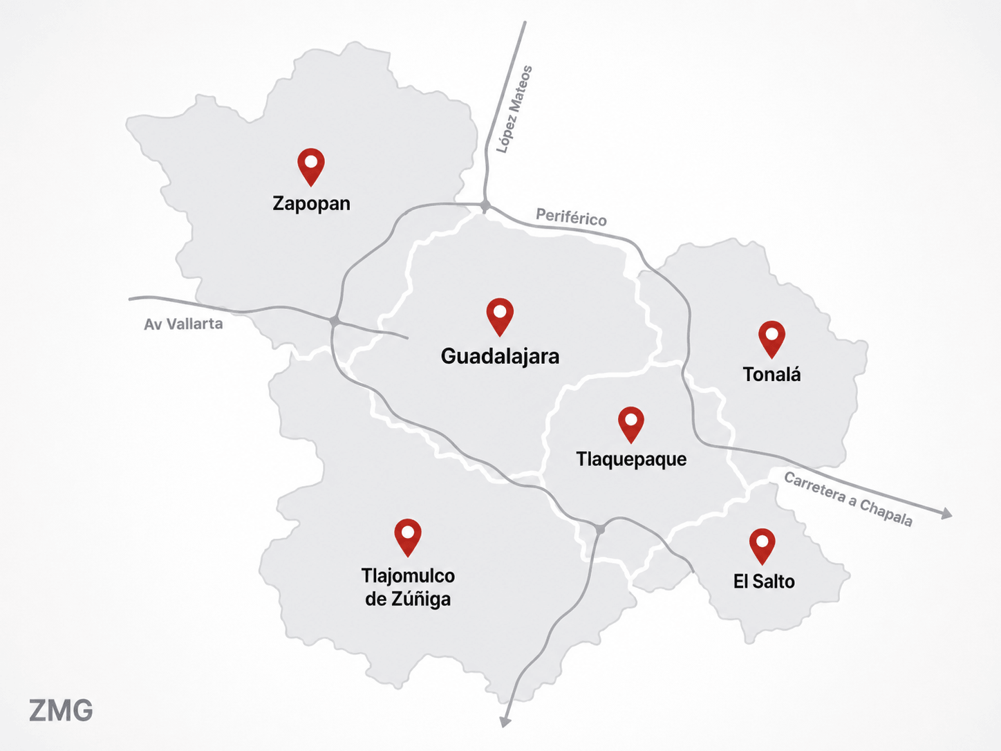 Mapa estilizado de la Zona Metropolitana de Guadalajara con los 6 municipios donde opera Rescue24