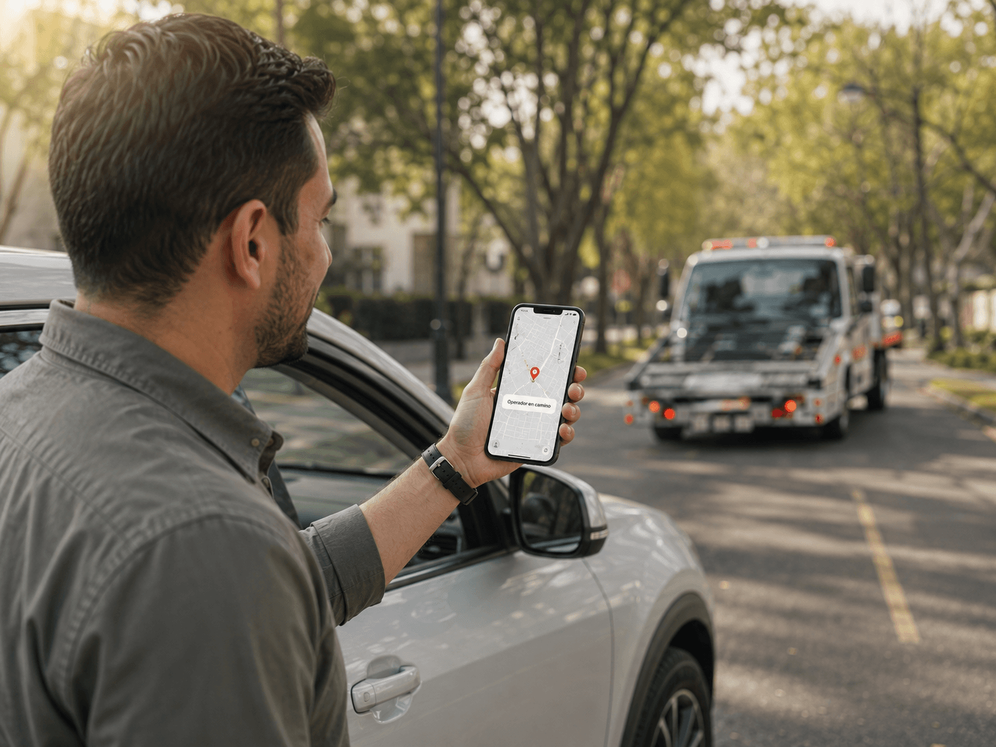 Miembro Rescue24 recibiendo asistencia vial con tracking GPS en pantalla