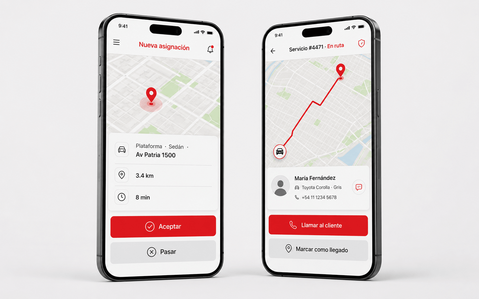 Mockup de la app del operador Rescue24 mostrando la asignación entrante y la ruta al servicio