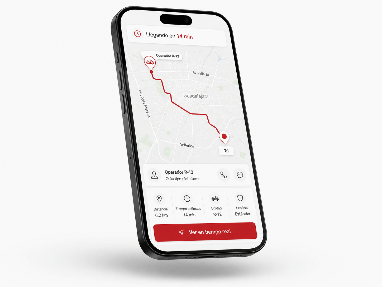 Mockup de pantalla mostrando tracking GPS en tiempo real del operador Rescue24 en Guadalajara