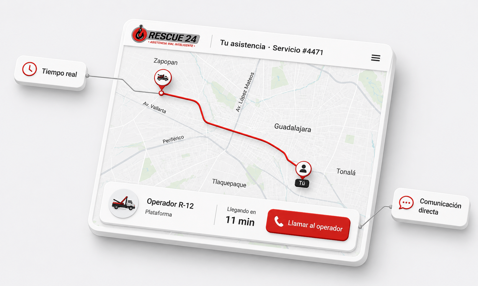 Detalle de la interfaz de tracking en tiempo real con el trayecto del operador y el ETA